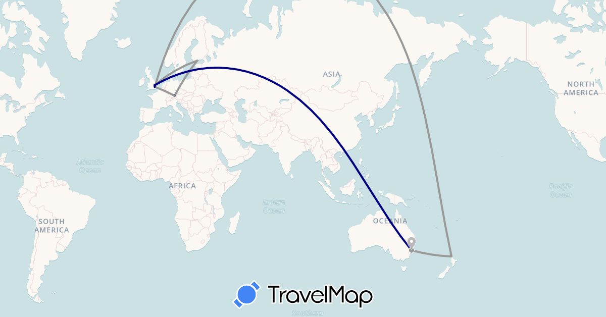 TravelMap itinerary: driving, plane in Australia, Germany, Finland, United Kingdom, New Zealand (Europe, Oceania)